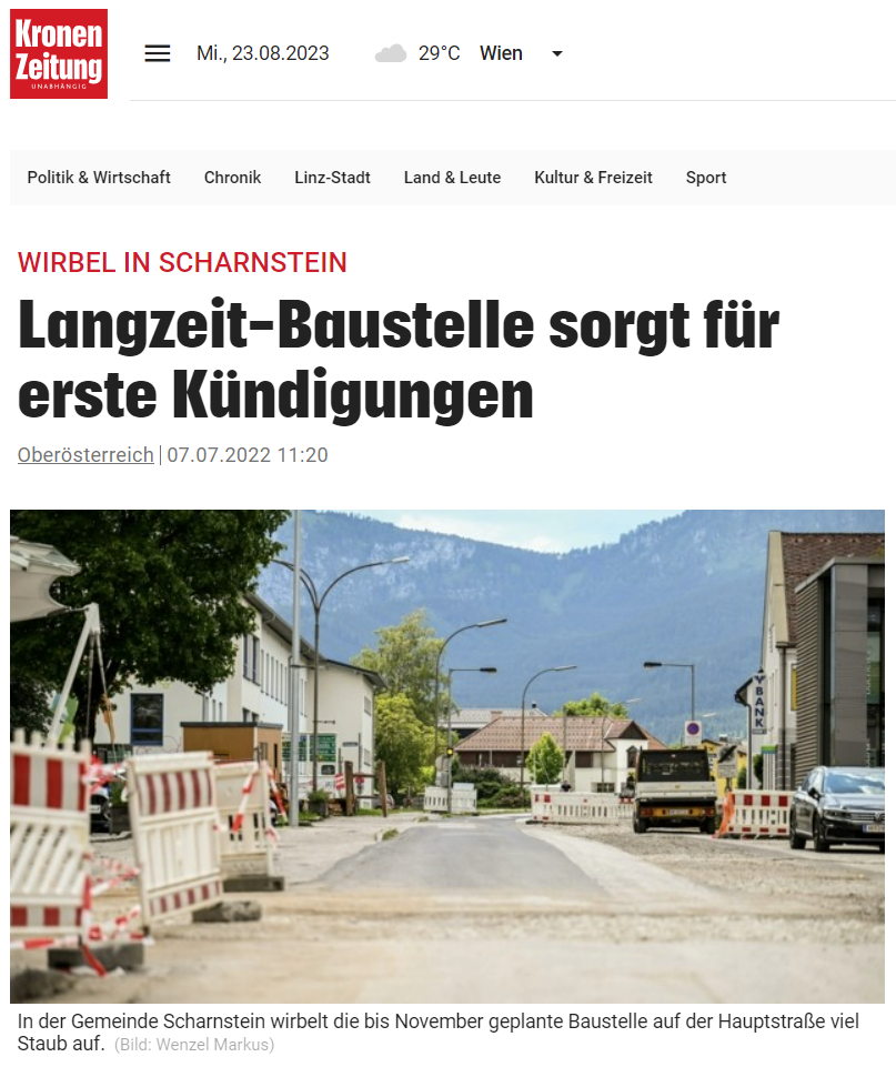 Hier sehen Sie ein Bild vom Presseartikel der Kronen Zeitung Langzeit-Baustelle sorgt für erste Kündigungen, vom 07.07.2022.