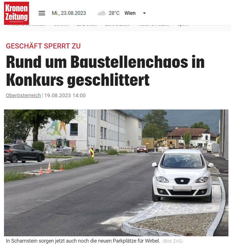 Hier sehen Sie ein Bild vom Presseartikel der Kronen Zeitung, Rund um Baustellenchaos in Konkurs geschlittert, vom 19.08.2023.