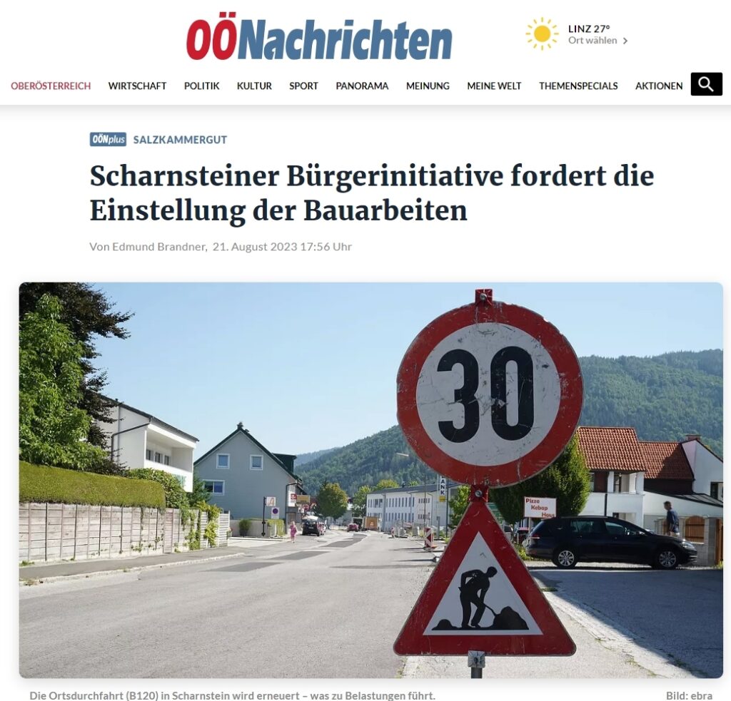 Hier sehen Sie ein Bild vom Presseartikel der OÖ Nachrichten, Scharnsteiner Bürgerinitiative fordert die Einstellung der Bauarbeiten, vom 21.08.2023.