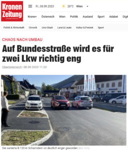 Hier sehen Sie ein Bild vom Presseartikel der Kronen Zeitung, Auf Bundesstraße wird es für zwei Lkw richtig eng, vom 08.09.2023.