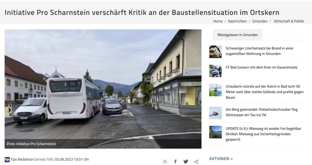 Hier sehen Sie ein Bild vom Presseartikel der Tips Gmunden, Initiative Pro Scharnstein verschärft Kritik an der Baustellensituation im Ortskern, vom 05.09.2023.